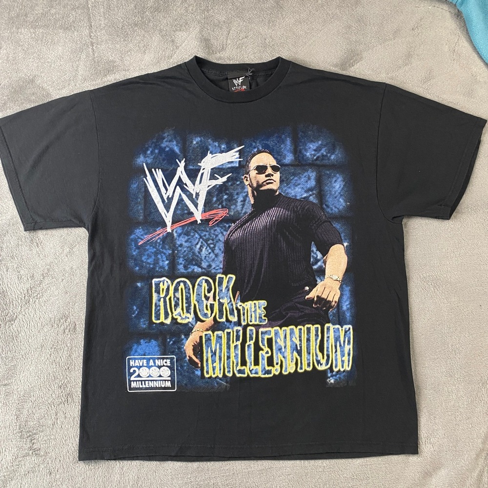 Vintage WWF Rock T-Shirt Mens XL Black The Millennium Attitude Era Graphic Y2K